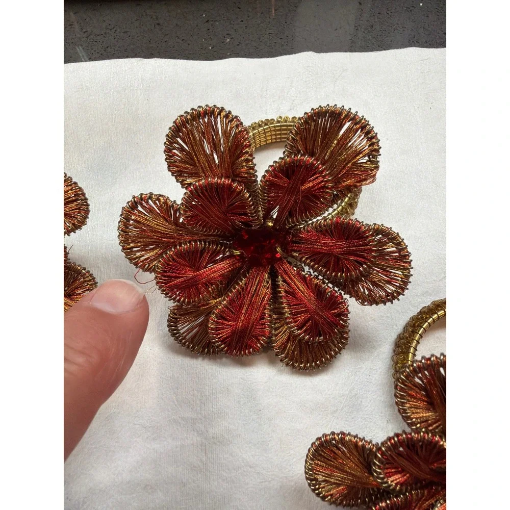 Vintage Ganutell Flower Napkin Rings Set of 4 - Handmade Gold‎ Red Wire Silk Art